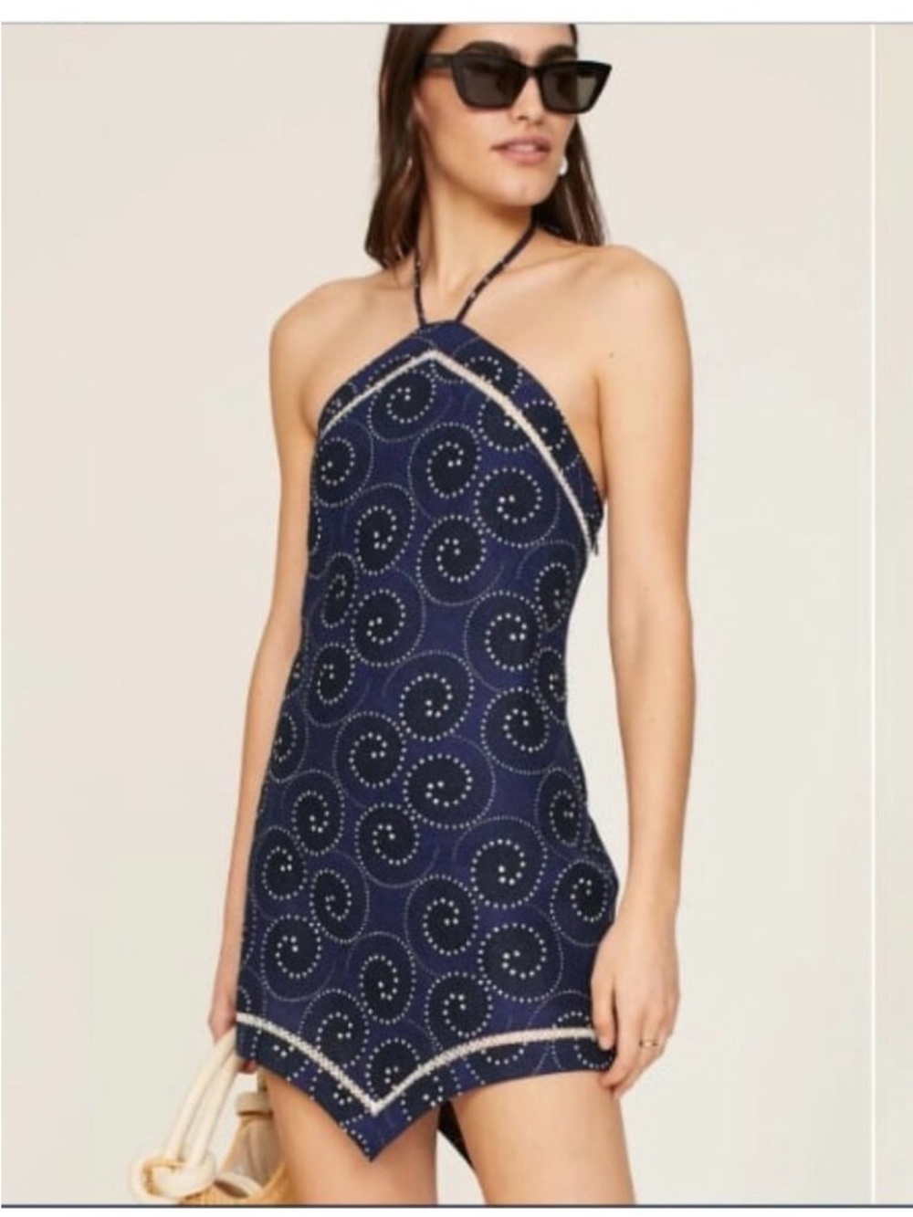 New STAUD Megan Linen Halter Mini Dress Tunic Navy Whirlpool 14 MSRP $300